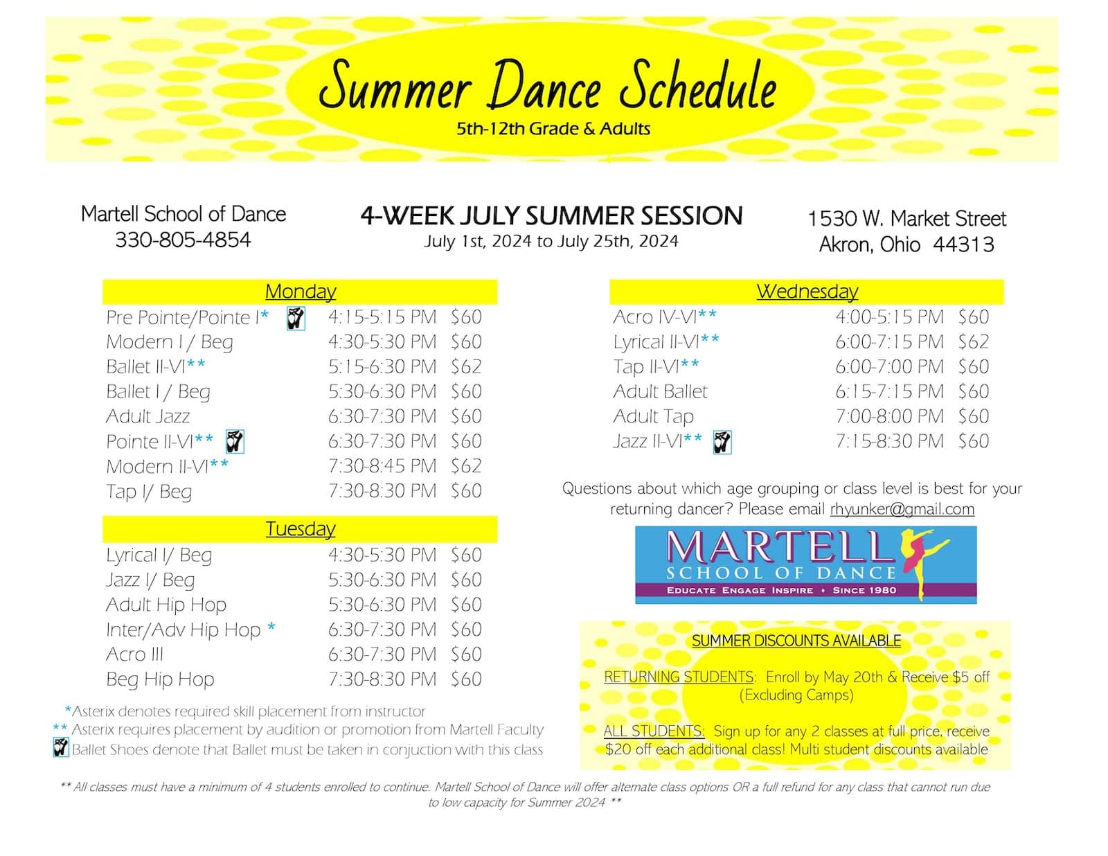 5th-12th Grade & Adults summer schedule