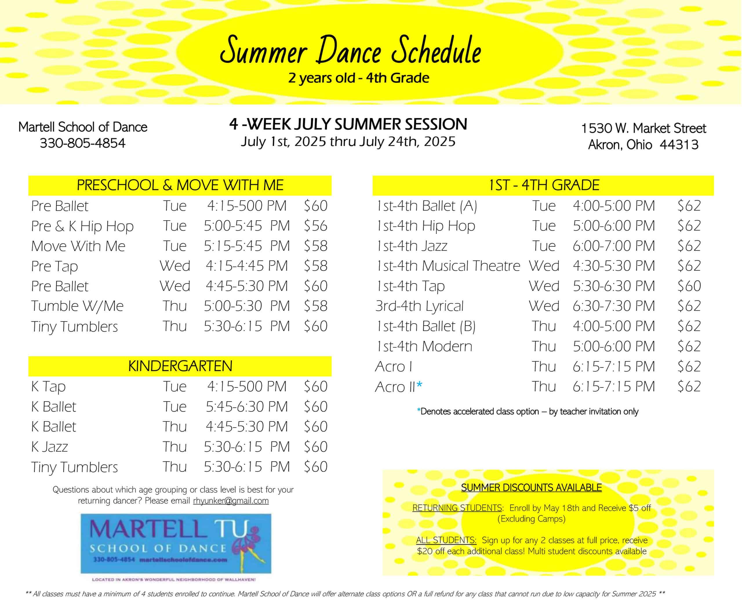 2 years old - 4th Grade summer schedule