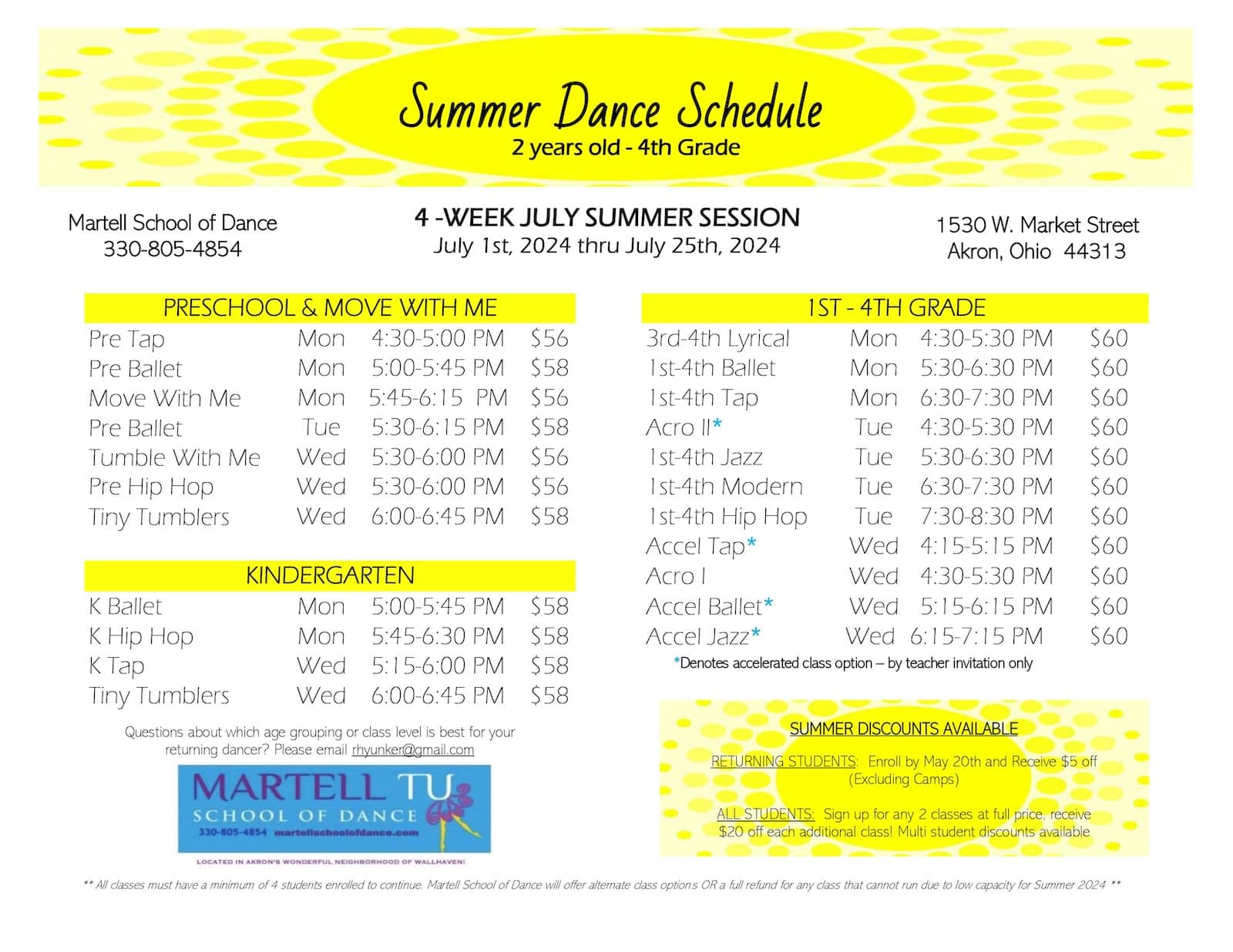 2 years old - 4th Grade summer schedule