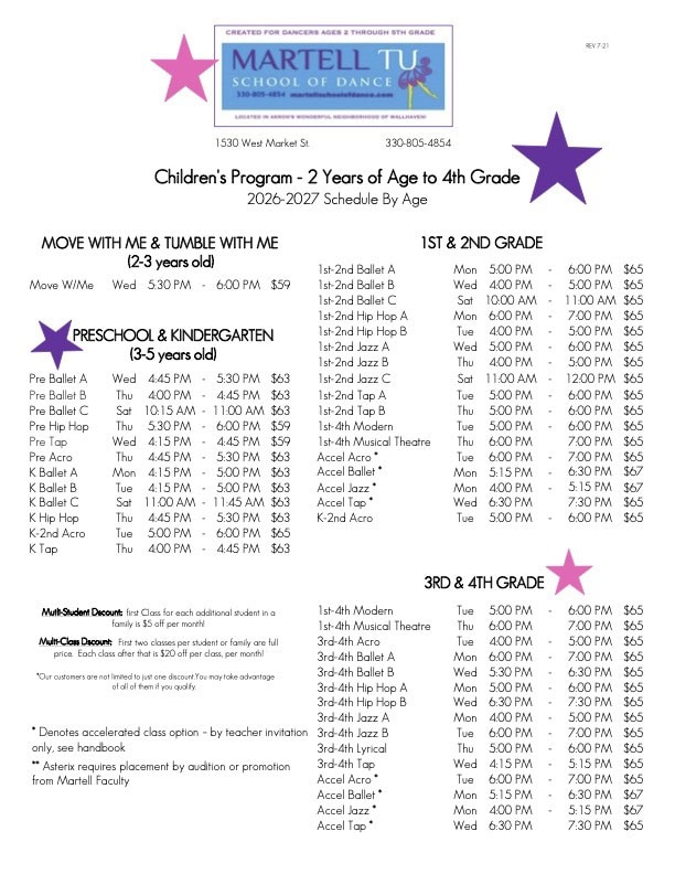 Preschool - 4th Grade:Fall Dance Schedule